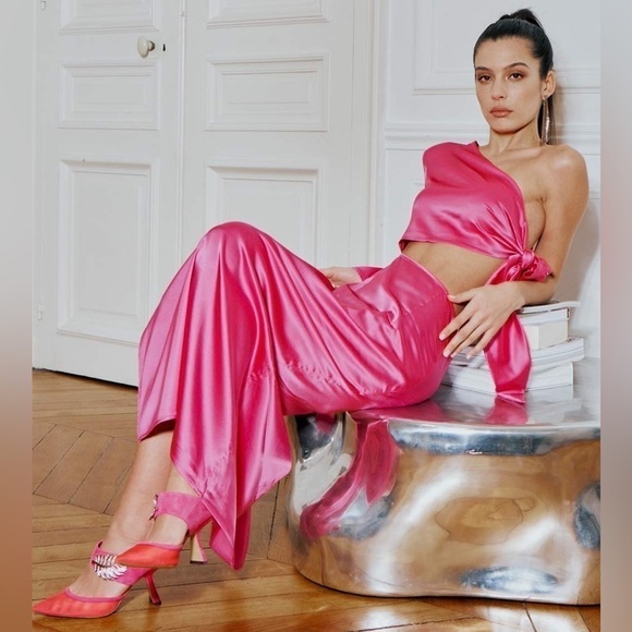 Silk Maison Hot Pink Silk Cut out Asymmetrical One Shoulder Midi Slip Dress NWT - Picture 3 of 16